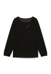 Schwarzes Langarmshirt mit einem schrägen, durchsichtigen Mesh-Ausschnitt über der Brust und einem runden Ausschnitt.