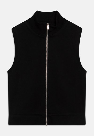 Gilet senza maniche nero con colletto alto, dotato di chiusura frontale con zip e una trama liscia. Design semplice e contemporaneo senza motivi.
