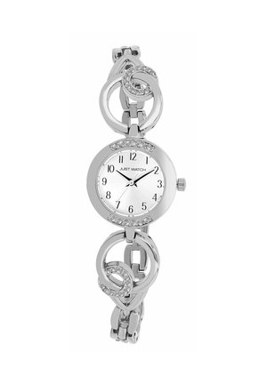 Silver watch with a circular face and white dial. Features alternating smooth and adorned links, with clear stones around the bezel.