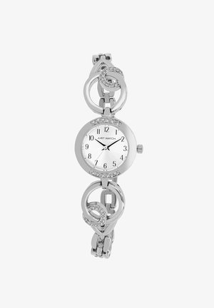 Silver watch with a circular face and white dial. Features alternating smooth and adorned links, with clear stones around the bezel.