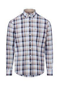 Camicia con bottoni in un motivo a quadri che presenta colori blu, marrone e navy. Ha un colletto, maniche lunghe e un piccolo logo sul petto.