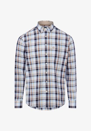 Camicia con bottoni in un motivo a quadri che presenta colori blu, marrone e navy. Ha un colletto, maniche lunghe e un piccolo logo sul petto.