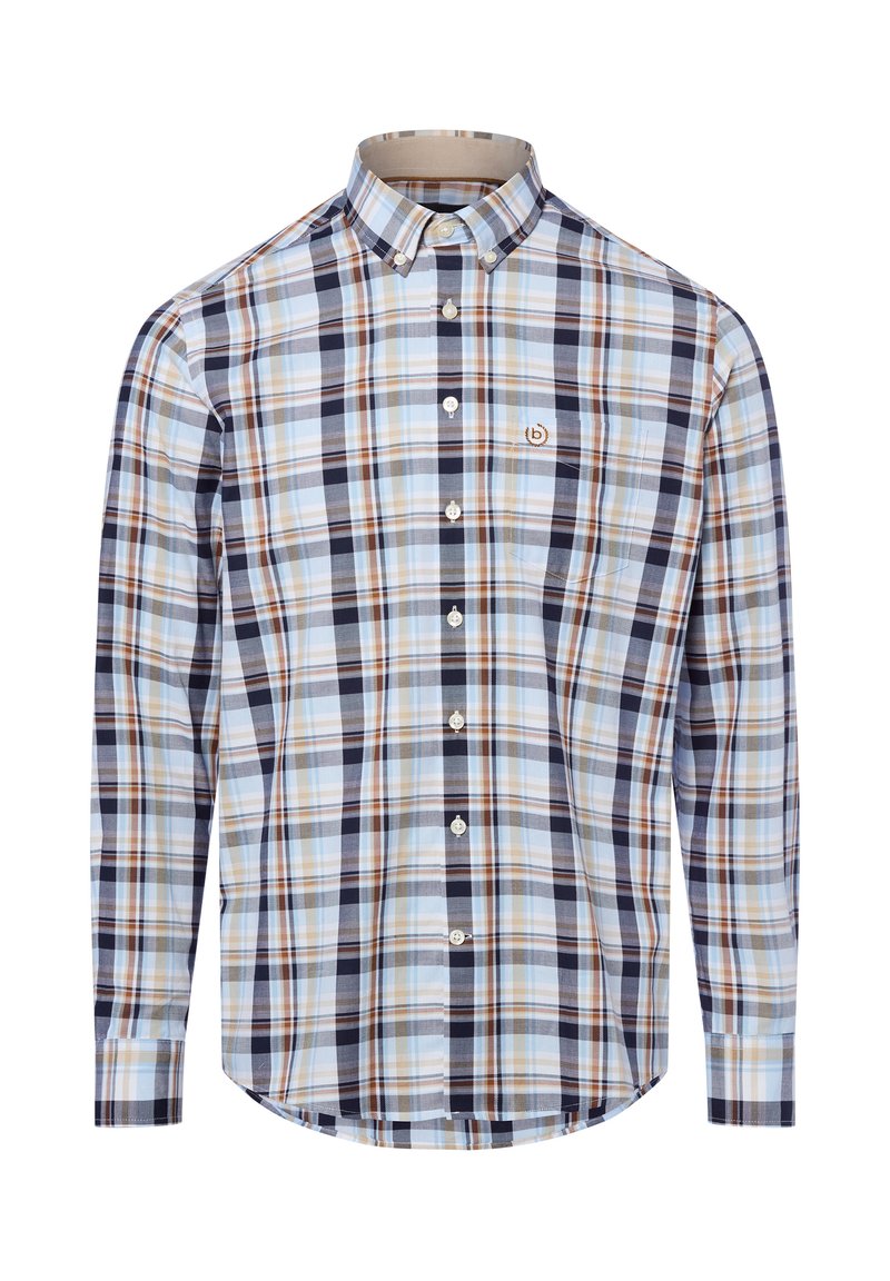 Camicia con bottoni in un motivo a quadri che presenta colori blu, marrone e navy. Ha un colletto, maniche lunghe e un piccolo logo sul petto.