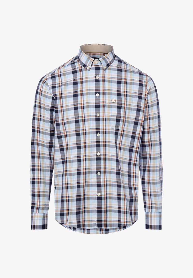 Camicia con bottoni in un motivo a quadri che presenta colori blu, marrone e navy. Ha un colletto, maniche lunghe e un piccolo logo sul petto.