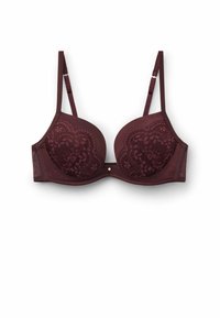 Burgundy bh med formade kupor och spetsdetaljer. Justerbara axelremmar och en dekorativ pärlaccent i mitten. Mjuk textur, underwire-design.