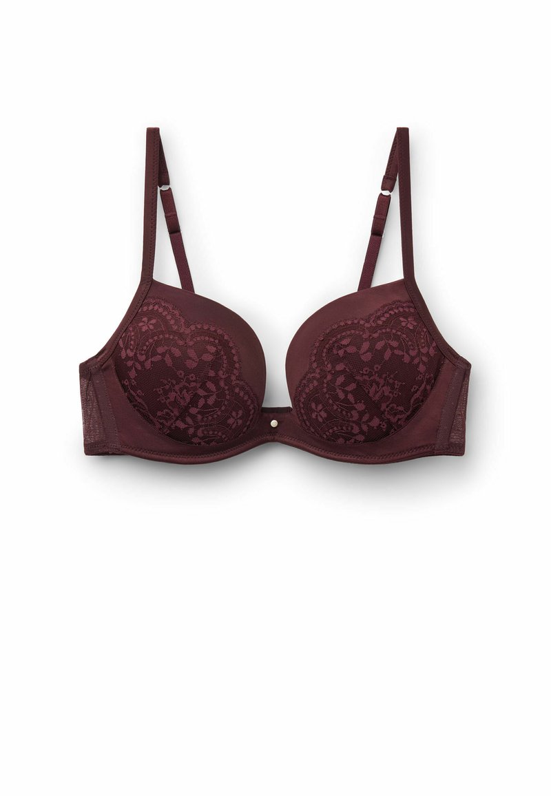 Burgundy bh med formade kupor och spetsdetaljer. Justerbara axelremmar och en dekorativ pärlaccent i mitten. Mjuk textur, underwire-design.