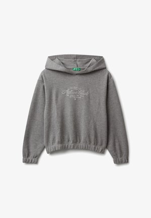 Grijze hoodie met lange mouwen, elastische manchetten en zoom, met witte tekst "Active Club" op het midden van de voorkant.