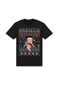Svart T-shirt med en central Betty Boop-grafik, omgiven av vita snöflingor, röda hjärtan och ett festligt mönster.