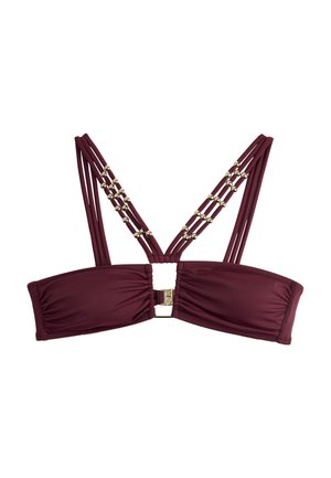 Haut de bikini bandeau bordeaux avec doubles bretelles de chaque côté, orné de petites perles dorées et d’une fermeture à clip dorée au dos.