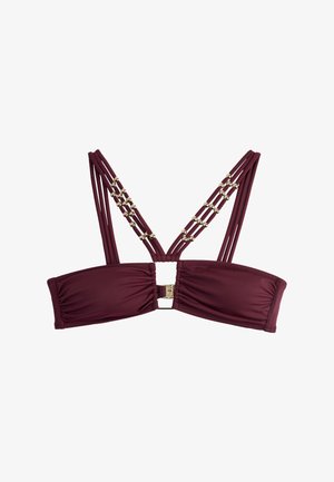 Haut de bikini bandeau bordeaux avec doubles bretelles de chaque côté, orné de petites perles dorées et d’une fermeture à clip dorée au dos.