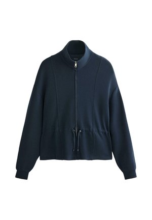 Marineblaue Zip-Jacke mit hohem Kragen, langen Ärmeln und verstellbarem Kordelzug an der Taille.