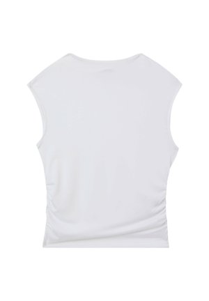 Top bianco senza maniche, con scollatura rotonda, dettagli arricciati sul lato e tessuto liscio e elastico. Design semplice, senza fantasie.