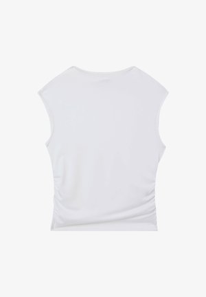 Top bianco senza maniche, con scollatura rotonda, dettagli arricciati sul lato e tessuto liscio e elastico. Design semplice, senza fantasie.