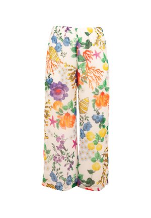 Wijde broek met kleurrijke bloemen- en zeelevenpatronen op een witte achtergrond en een elastische tailleband.