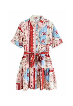 Lühikeste varrukatega vööga kleit kraega, patchwork-stiilis mereteemaline trükk punases, sinises, roosas ja kreemjas, millel on kompassi ja paisley-motiivid.