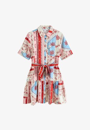 Kortærmet kjole med bælte og krave, lap-work nautisk print i rød, blå, pink og creme, med kompas- og paisley-motiver.