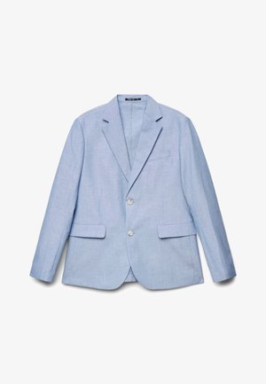 Blazer bleu clair à simple boutonnage avec revers crantés, deux boutons, poches à rabat et coupe ajustée, présenté sur un fond blanc.