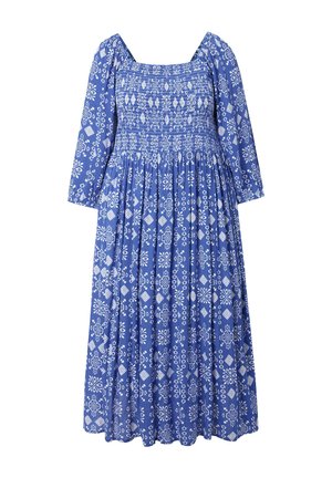 Robe midi bleue avec motifs floraux et géométriques blancs, corsage froncé, encolure carrée et manches bouffantes aux trois quarts.