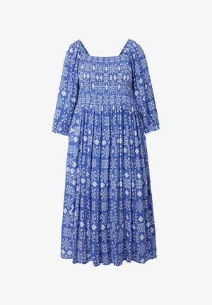 Vestido midi azul con patrones florales y geométricos blancos, corpiño fruncido, escote cuadrado y mangas abullonadas a tres cuartos.