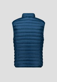 Chaleco acolchado azul marino con cuello alto, patrón de costuras horizontales, material ligero y sin cierres ni bolsillos visibles.