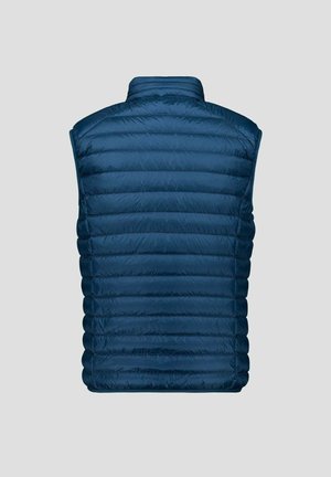 Chaleco acolchado azul marino con cuello alto, patrón de costuras horizontales, material ligero y sin cierres ni bolsillos visibles.