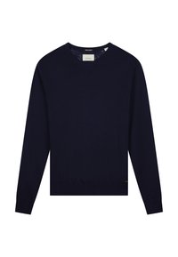Dunkelblauer Pullover aus weichem Stoff, mit Rundhalsausschnitt, langen Ärmeln und gerippten Bündchen und Saum. Minimalistisches Design.