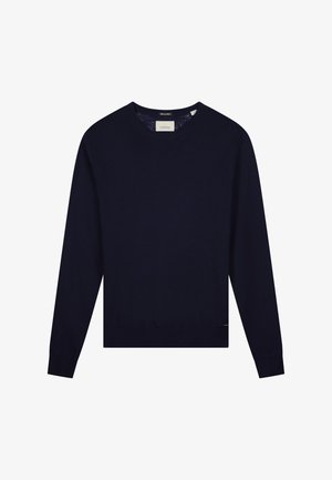 Sötétkék pulóver, puha anyagból készült, kerek nyakkal, hosszú ujjú és bordás mandzsettával, valamint aljjal rendelkezik. Minimalista dizájn.