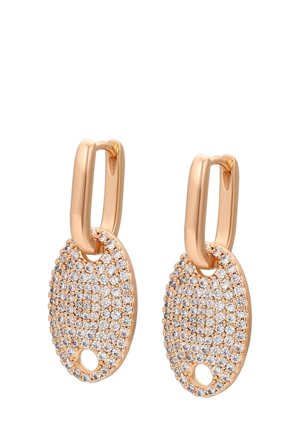 Øreringe i rosaguld med ovale vedhæng prydet med små, glitrende hvide krystaller og en cirkulær udskæring nær bunden.