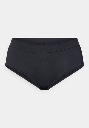 Crne bikini gaćice visokog struka izrađene od glatkog materijala s ravnim šavovima i bez vidljivih uzoraka, s širokim i udobnim pojasom.