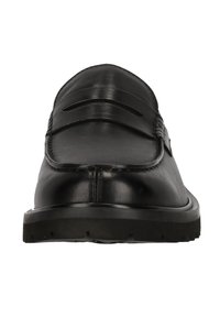 Musta nahka loaferit sileällä pinnalla, joissa on kaksi koristeellista leikkausta vamsissa ja kumipohja, jossa on kuviointia.