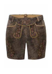 Braune Lederhosen mit floralen Stickereien in Pink- und Grüntönen, verziert mit dekorativen Knöpfen und gelben Paspeln entlang der Nähte.