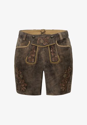 Braune Lederhosen mit floralen Stickereien in Pink- und Grüntönen, verziert mit dekorativen Knöpfen und gelben Paspeln entlang der Nähte.