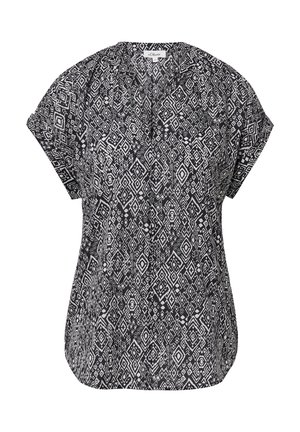 Zwart-wit geometrisch patroon met korte mouwen blouse met een relaxte pasvorm en V-hals ontwerp, met een soepele stoftextuur.