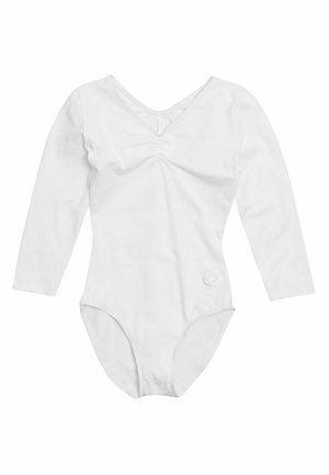 Body bianco a maniche lunghe con scollatura a V, dettaglio di tessuto arricciato sul davanti e un sottile logo sul lato inferiore.
