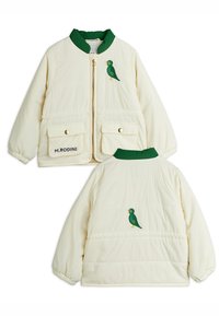 Witte gewatteerde jas met groene kraag en geborduurd vogelontwerp. Heeft twee voorke pockets en een ritsluiting. Merklogo op de voorkant.