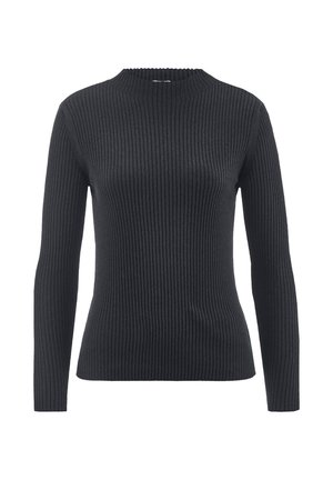 Maglione nero a coste con maniche lunghe e collo alto. Presenta un design aderente e un tessuto morbido e texturizzato.