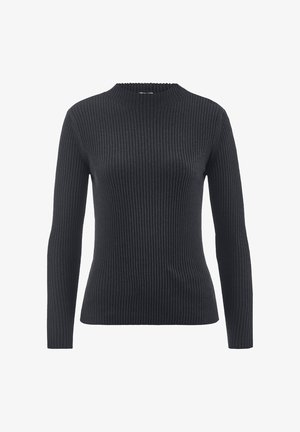 Gerippter schwarzer Pullover mit langen Ärmeln und hohem Kragen. Verfügt über ein enganliegendes Design und einen weichen, strukturierten Stoff.