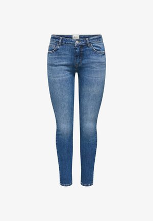 Jean slim bleu pour femmes avec bouton et fermoir éclair à l'avant, style cinq poches, et délavage clair sur les cuisses et les genoux.