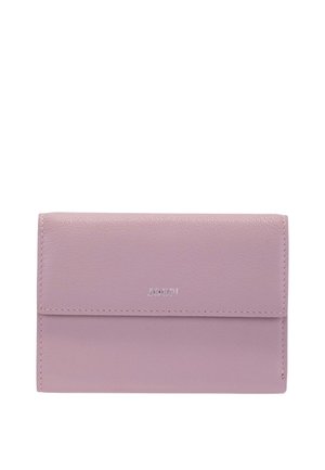 Cartera de piel color púrpura claro con cierre de solapa y logotipo "JOOP!" en relieve plateado centrado en la parte delantera.