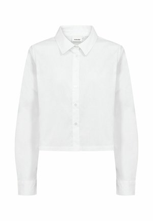 Fehér, hosszú ujjú, rövidített ing hegyes gallérral és elöl gombos lezárással, karcsúsított szabásra tervezve.