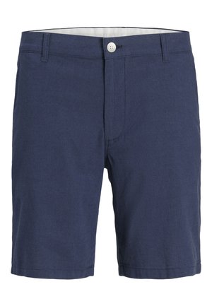 Marineblå knælange shorts med knaplukning, bæltestropper og forlommer, designet til afslappet brug.