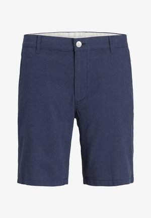 Marineblå knælange shorts med knaplukning, bæltestropper og forlommer, designet til afslappet brug.