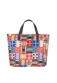 Borsa a spalla multicolore con diversi motivi geometrici in tonalità di rosso, blu, rosa e giallo, con manici in pelle blu.