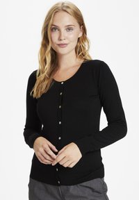 Black cardigan sweater with a rounded neckline, long sleeves, and front button closure. Ribbed cuffs and hem, soft texture, simple design.