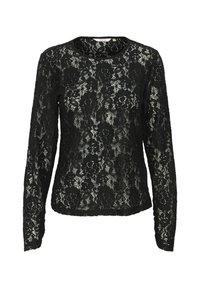 Top in pizzo nero a maniche lunghe con motivo floreale, scollo rotondo, vestibilità leggermente ampia, texture trasparente e orlo che arriva all'altezza dell'anca.