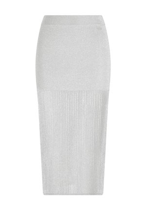 Gonna argento con un design aderente, caratterizzata da una parte superiore lucida e una parte inferiore a coste. Realizzata in un tessuto metallico elasticizzato.