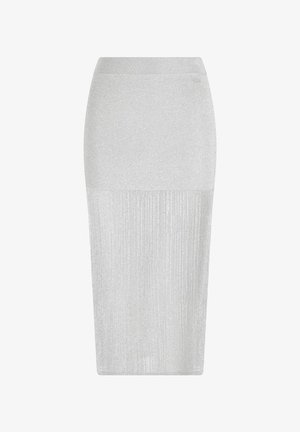 Gonna argento con un design aderente, caratterizzata da una parte superiore lucida e una parte inferiore a coste. Realizzata in un tessuto metallico elasticizzato.