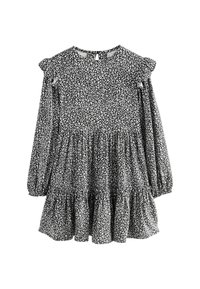 Schwarz-weißes Langarmkleid mit Rüschenschultern, schichtenweise Rock und floralem Muster, mit einem Schlüssellochverschluss auf der Rückseite.