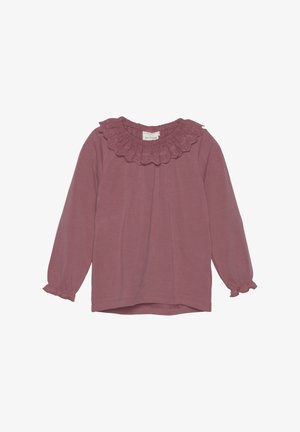 Langärmliges Oberteil in staubigem Rosa, mit einem rüschendekorierten Ausschnitt aus Lochstickerei und elastischen Bündchen, aus einem weichen, dehnbaren Stoff gefertigt.