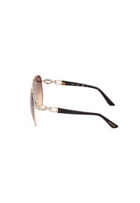 Gafas de sol con forma redondeada, lentes de color marrón degradado, acentos dorados brillantes en el marco y varillas con patrón de carey que presentan la inscripción de la marca.